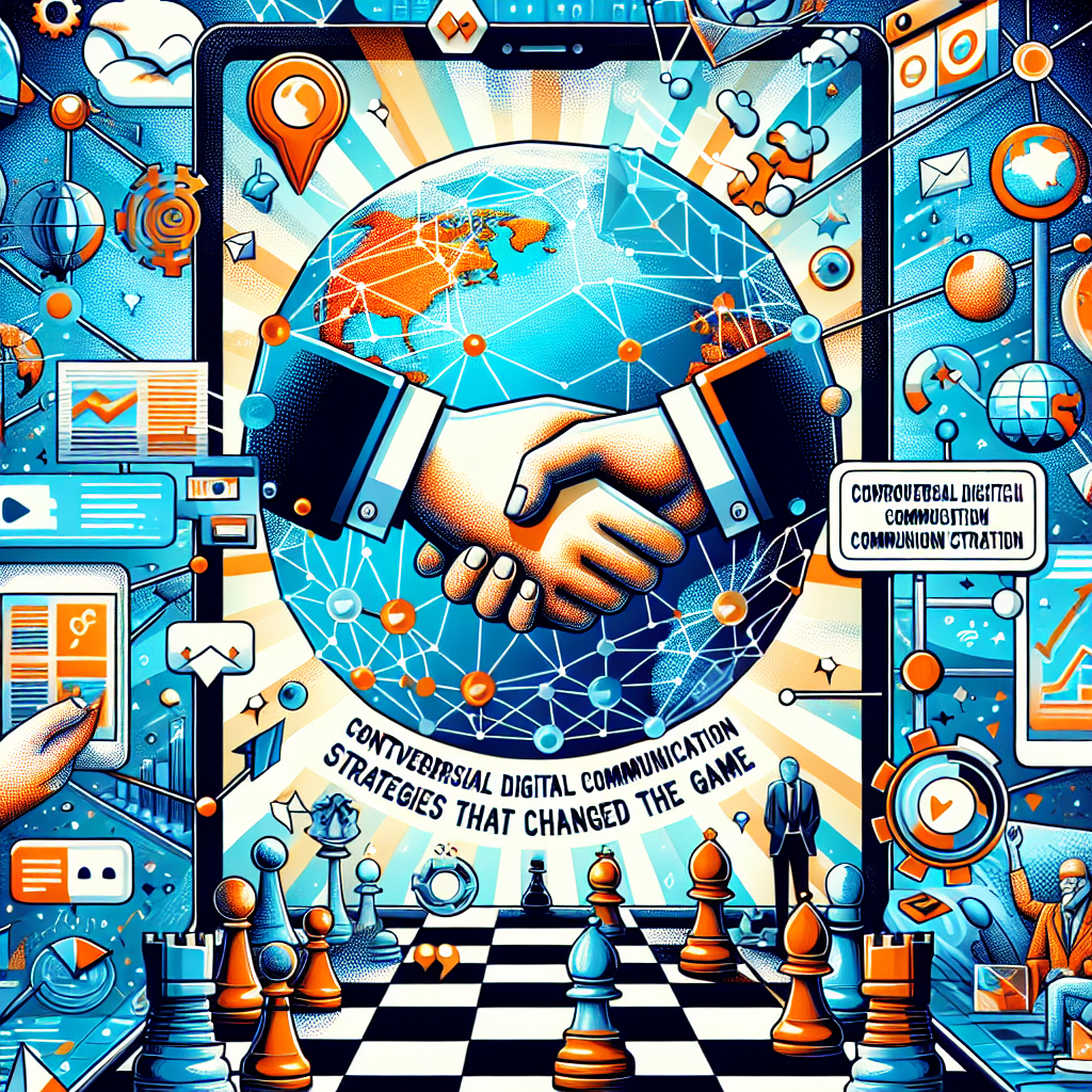 Illustration d'une poignée de main numérique sur un globe, entourée de symboles technologiques et d'échecs. Texte : « Stratégies de communication numérique controversées qui ont changé la donne. ».