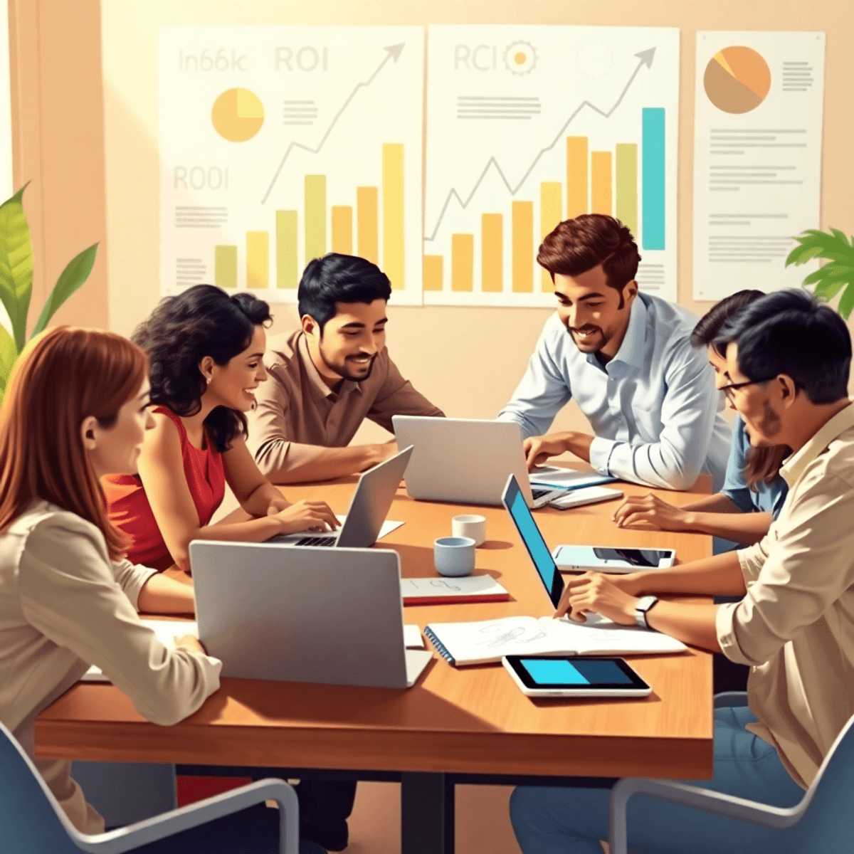Un groupe de personnes discutant d'idées autour d'une table avec des ordinateurs portables et des cahiers, entouré de graphiques et de tableaux, cr...