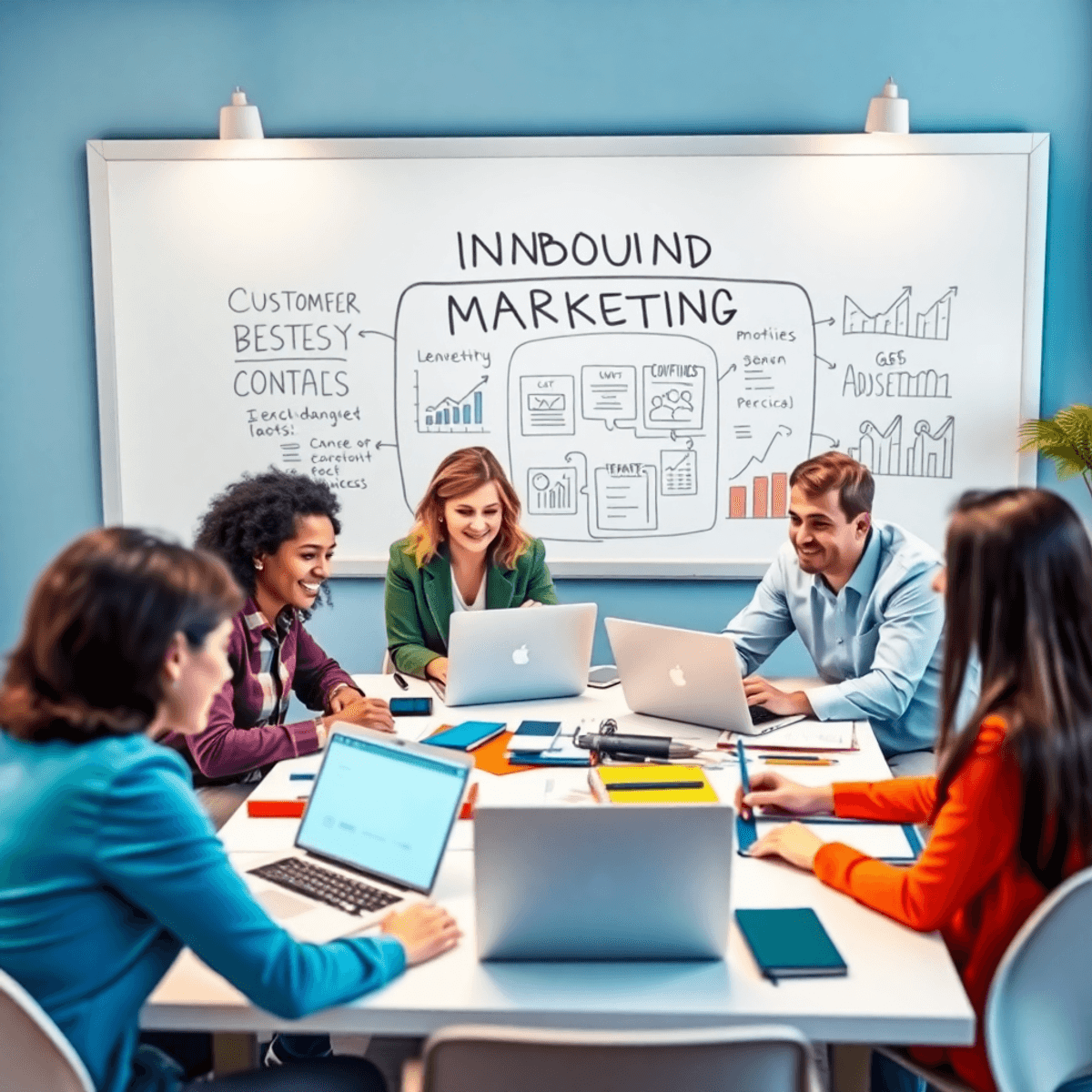 Un groupe diversifié de personnes collaborant autour d'une table avec des ordinateurs portables et des cahiers, entouré de matériel marketing et d'...