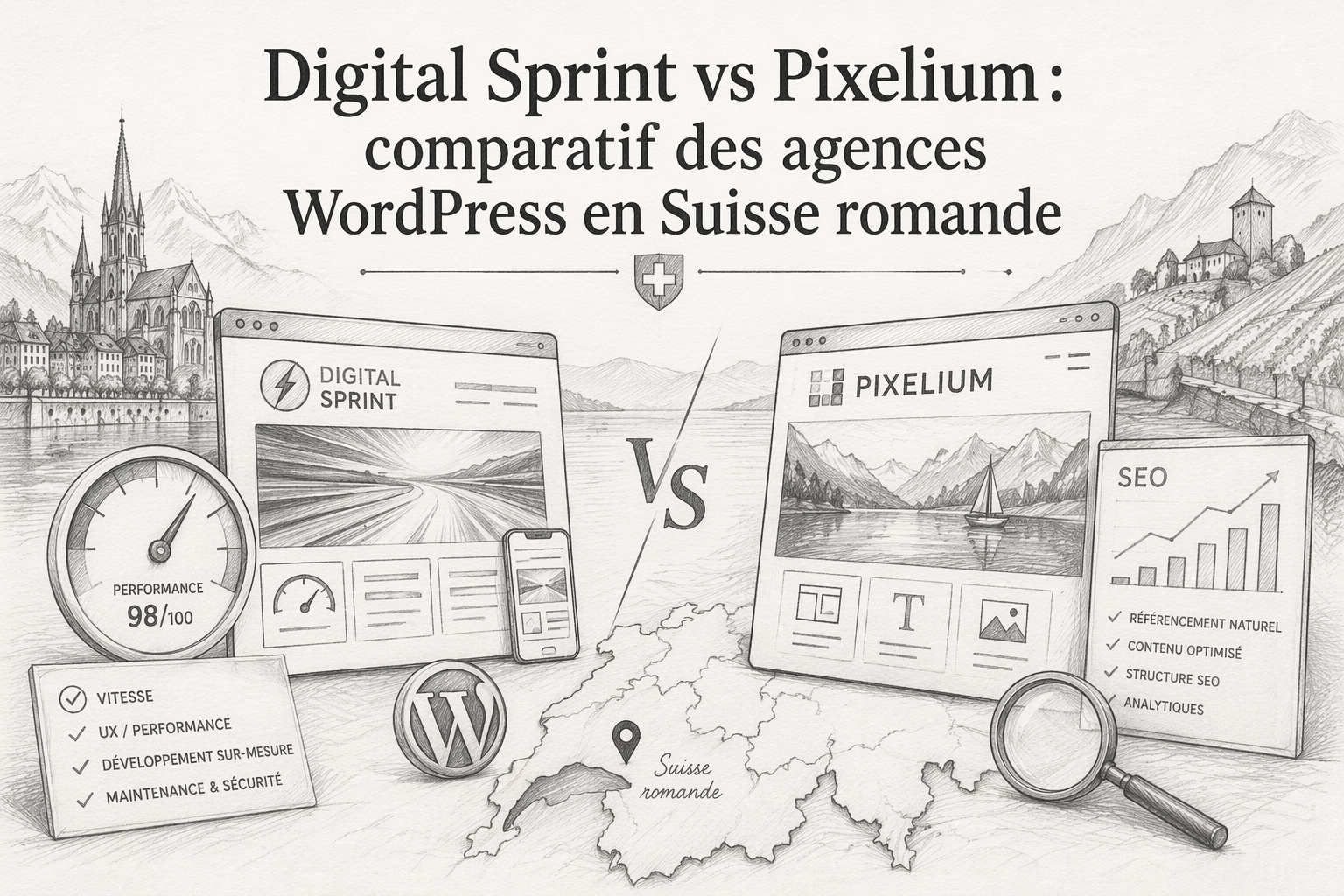 Digital Sprint vs Pixelium : comparatif des agences WordPress en Suisse romande