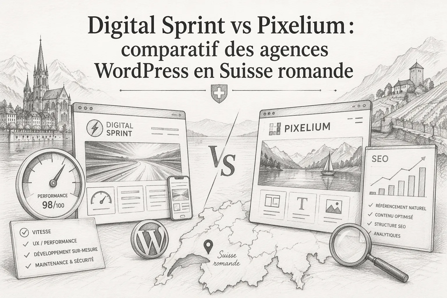 Digital Sprint vs Pixelium : comparatif des agences WordPress en Suisse romande