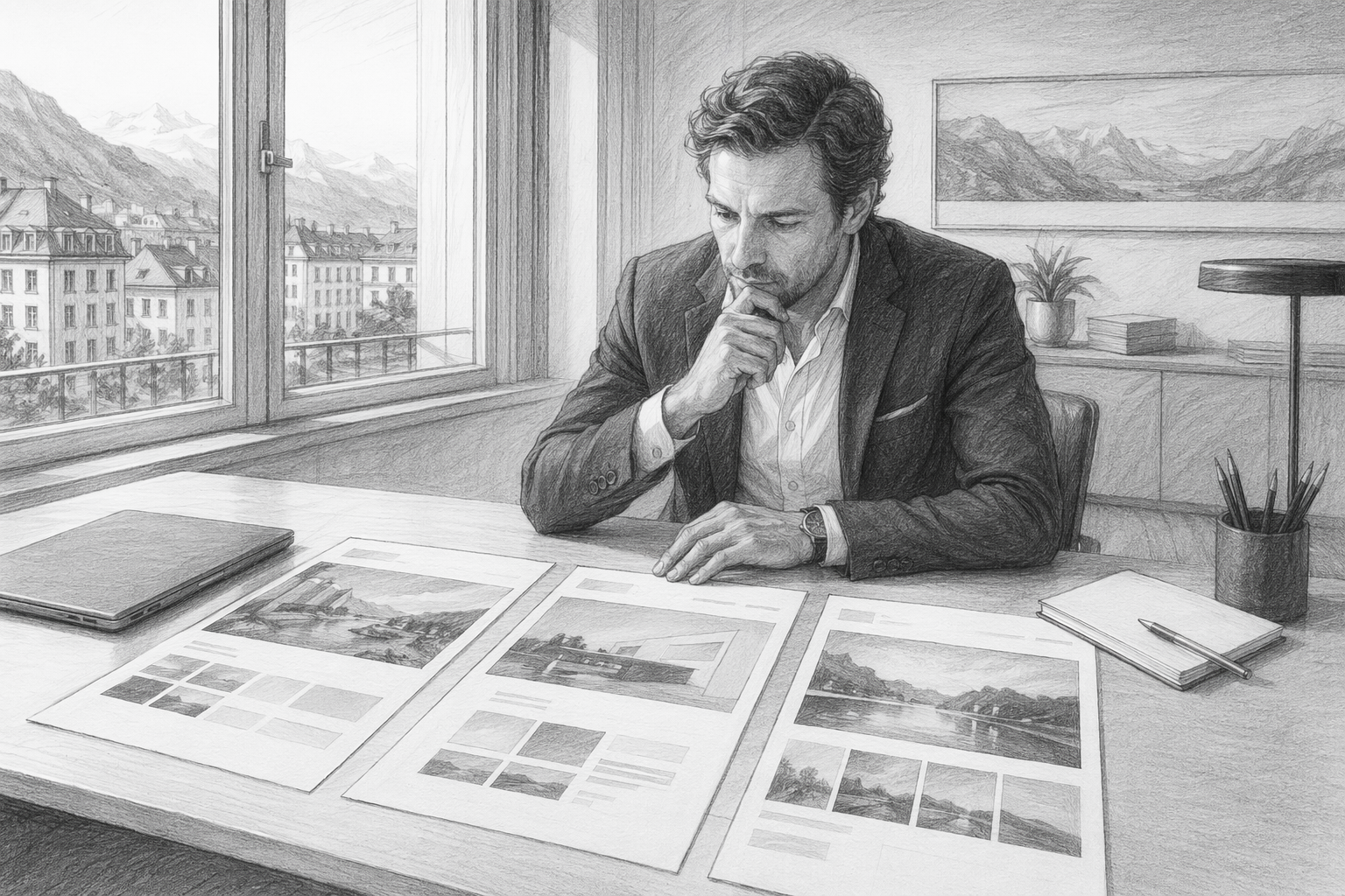 Dirigeant comparant trois maquettes de sites vitrines sur bureau lumineux
