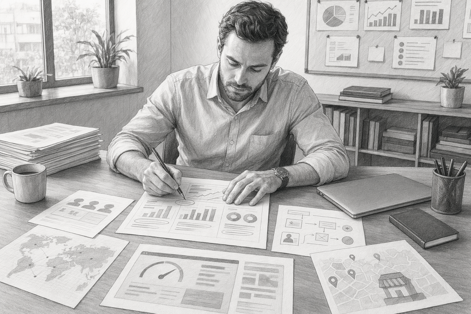 Responsable marketing analysant une étude de cas imprimée