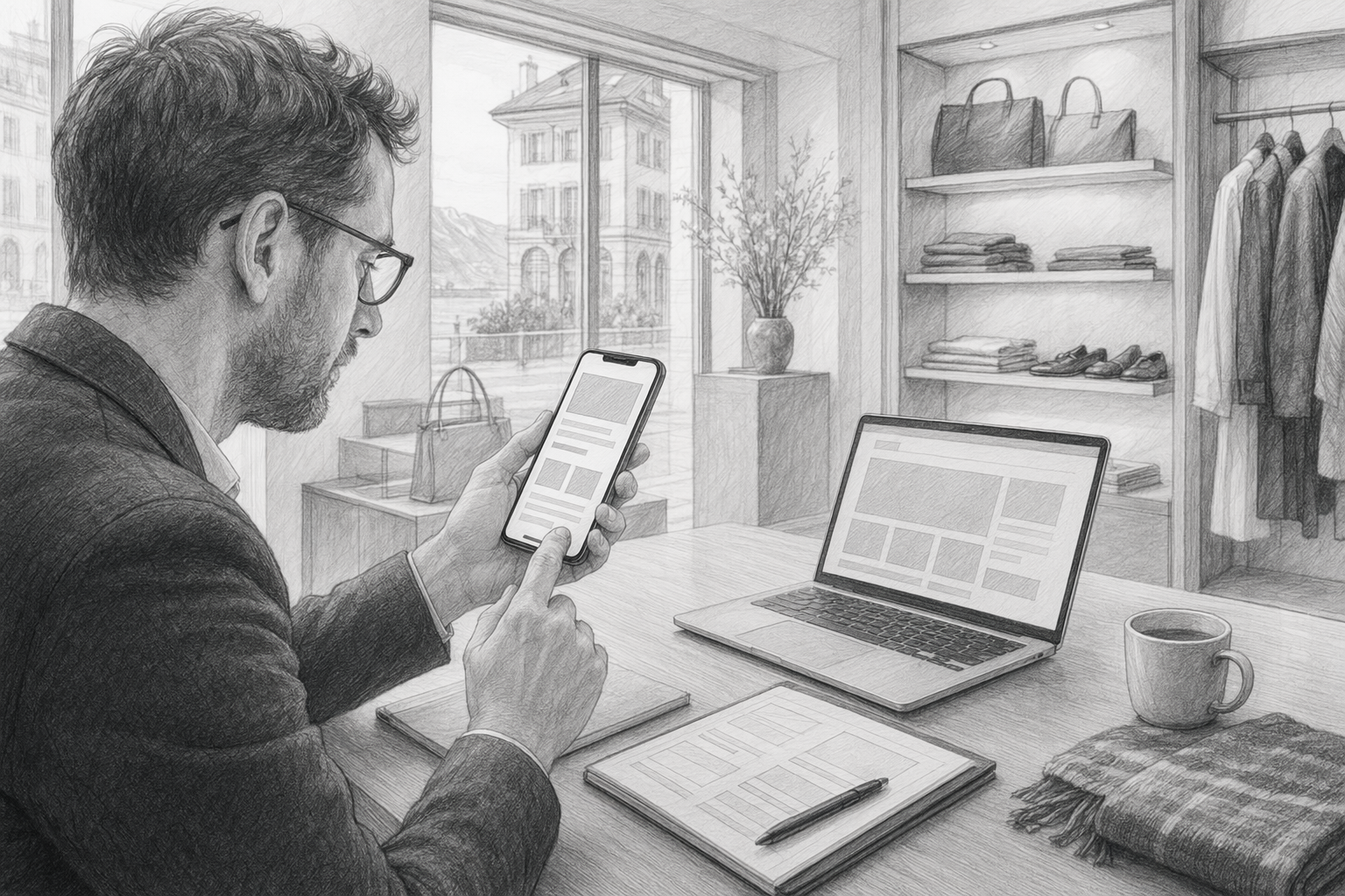 Consultante testant un site vitrine sur smartphone dans une boutique suisse romande