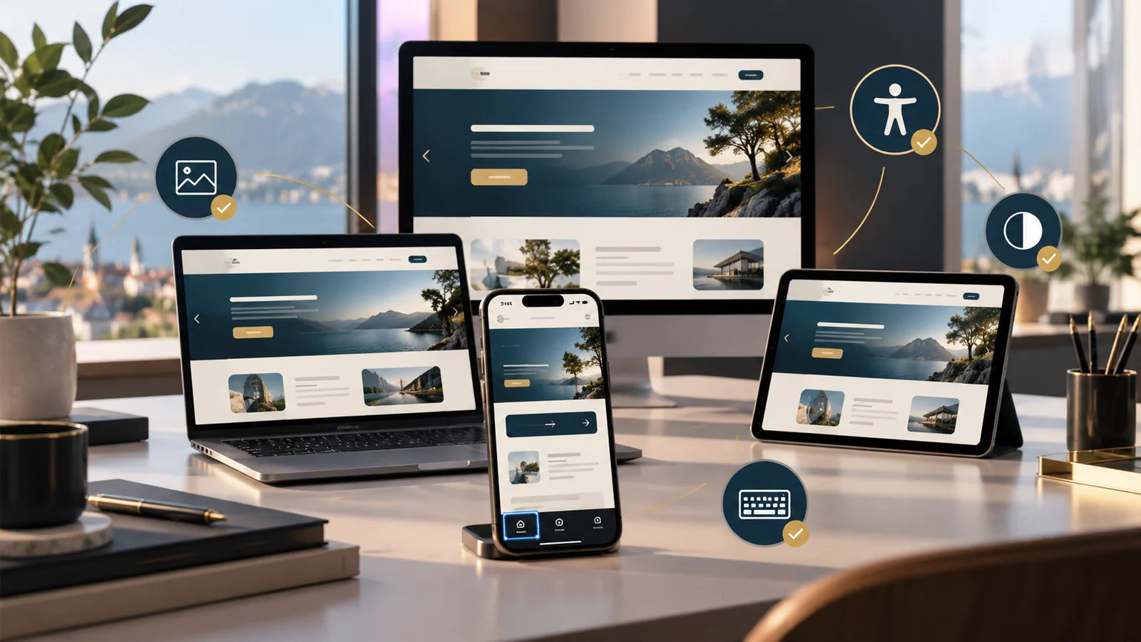 Site internet WordPress mobile-first et accessible WCAG 2.1 AA affiché sur smartphone, tablette et ordinateur